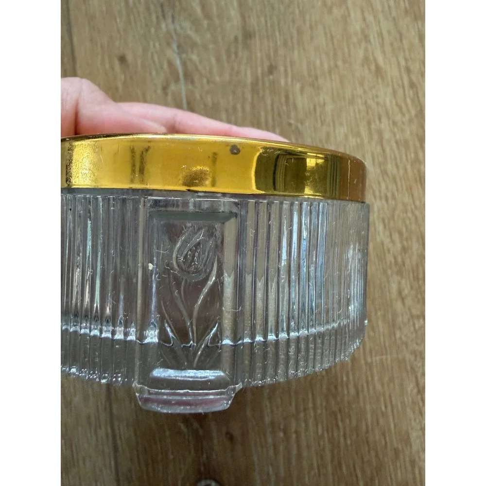 Vintage Glass Trinket Dish Gold Floral Lid Ribbed Vanity Jar Hollywood Regency